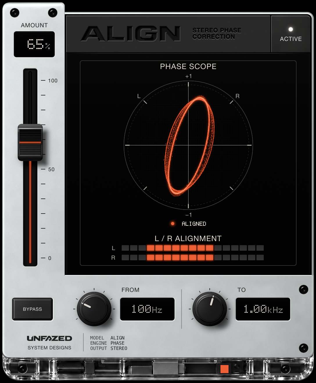 ALIGN with AMOUNT at 65%, FROM at 100 Hz and TO at 1.00 kHz. Its central phase scope shows a narrow orange ellipse.