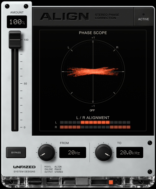 ALIGN on BYPASS: a flat orange trace, OFF status and an inverted R bar lit at both ends.