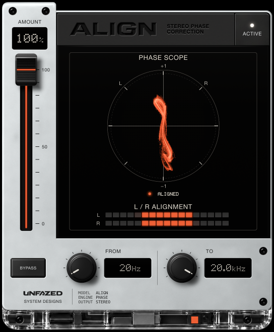 ALIGN on: a narrow upright orange trace, ALIGNED status and both timing bars centred.