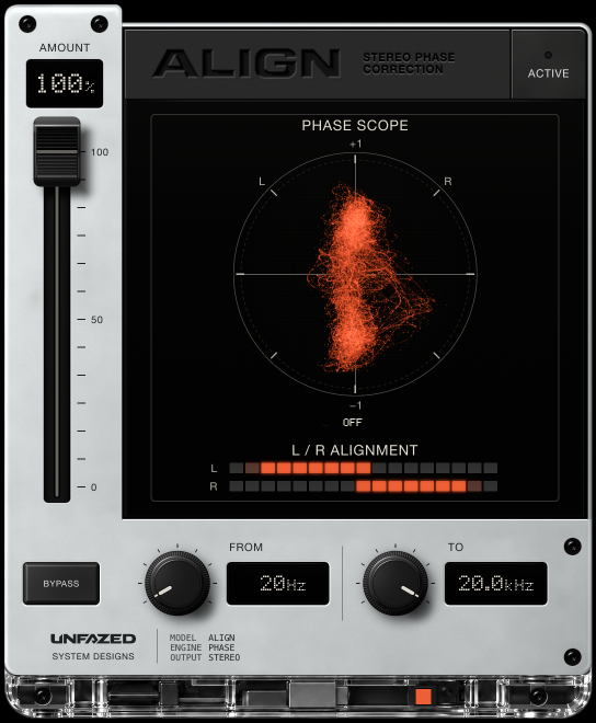 ALIGN on BYPASS: an orange figure leaning right, OFF status and the right timing bar later than the left.
