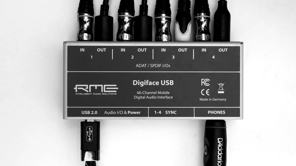 Cables connected to an audio interface, photographed in black and white.