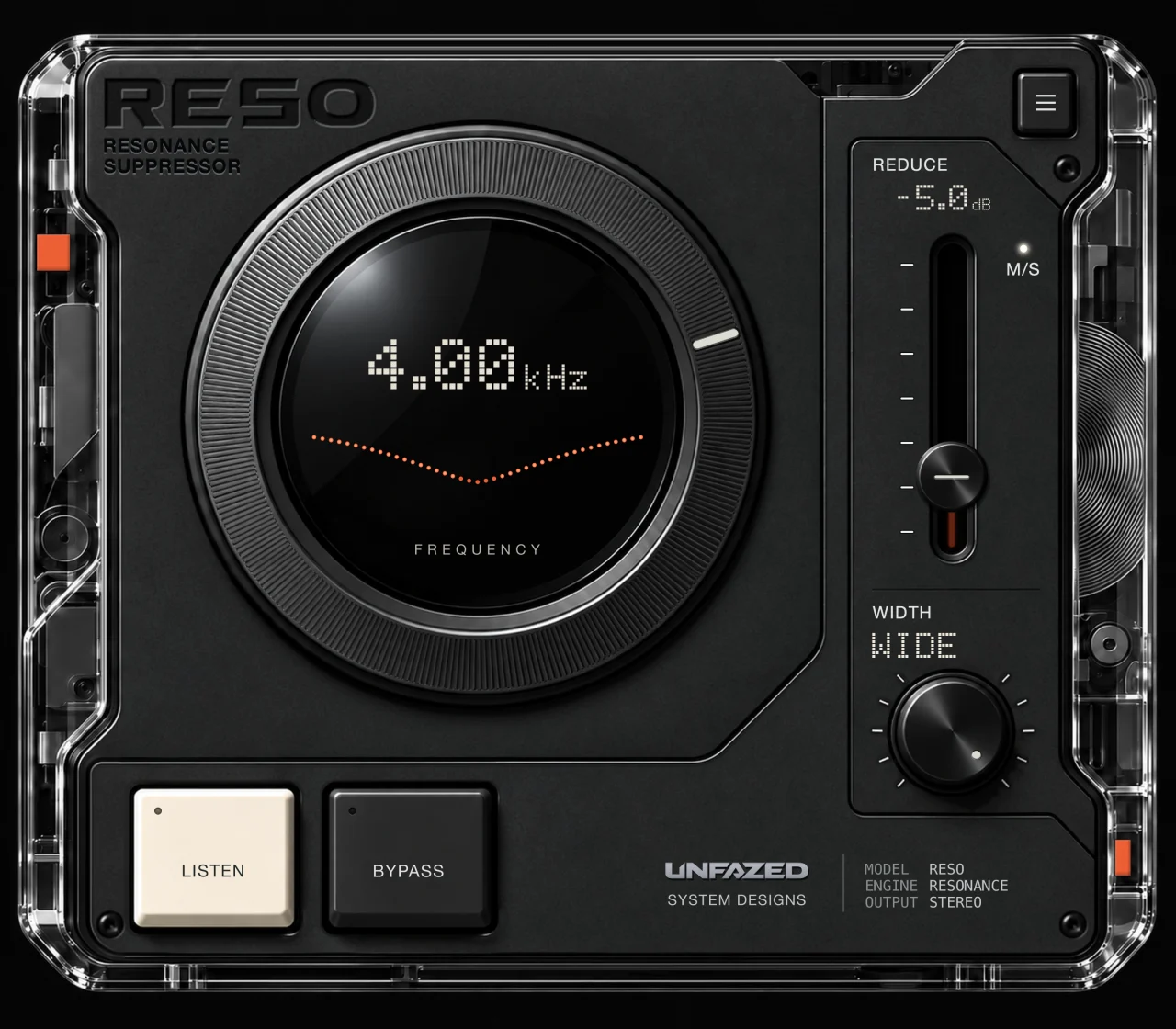 RESO preset preview: Side Harsh Calm at 4.00 kHz with M/S enabled; MID cuts by up to 1 dB and SIDE by up to 5 dB.