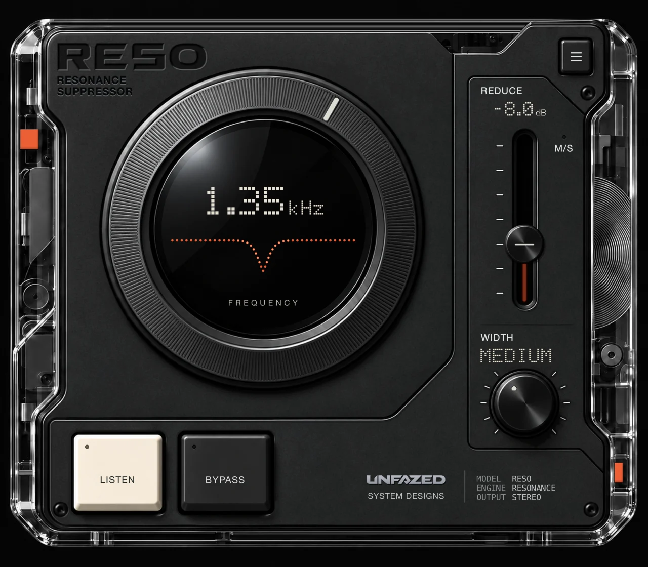 RESO preset preview: Snare Ping Tame at 1.35 kHz with a maximum cut of 8 dB.