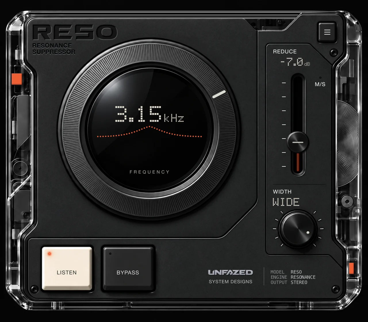 RESO with the LISTEN light on, isolating the band around the selected 3.15 kHz frequency.