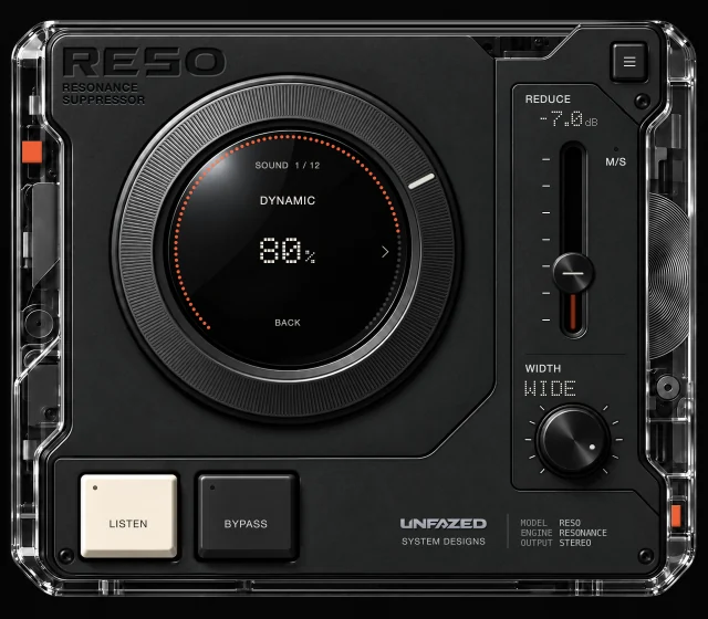 RESO SOUND menu, page 1 of 12: DYNAMIC set to 80%.