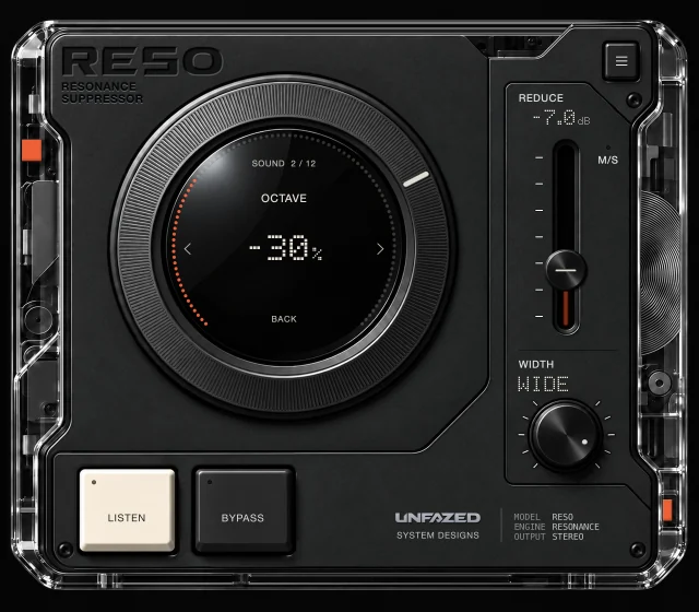 RESO SOUND menu, page 2 of 12: OCTAVE set to −30%.