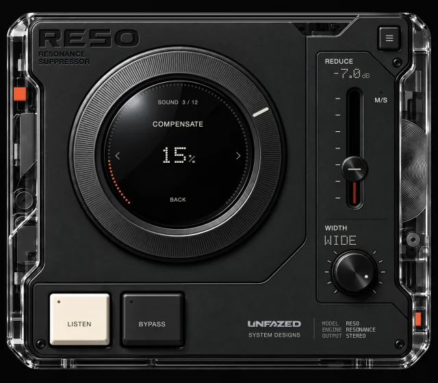 RESO SOUND menu, page 3 of 12: COMPENSATE set to 15%.
