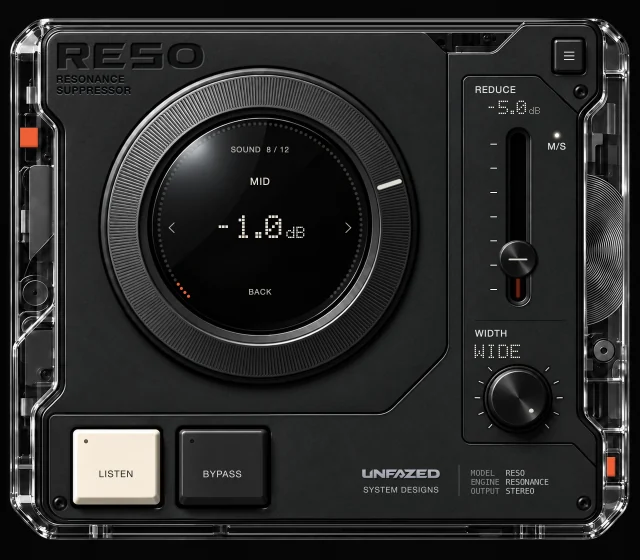 RESO SOUND menu, page 8 of 12: MID set to −1.0 dB. M/S is enabled.