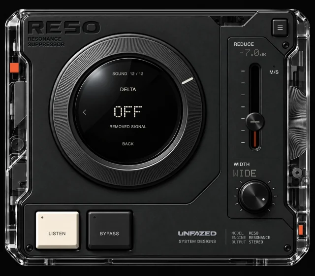 RESO SOUND menu, page 12 of 12: DELTA set to OFF. REMOVED SIGNAL labels the DELTA page.